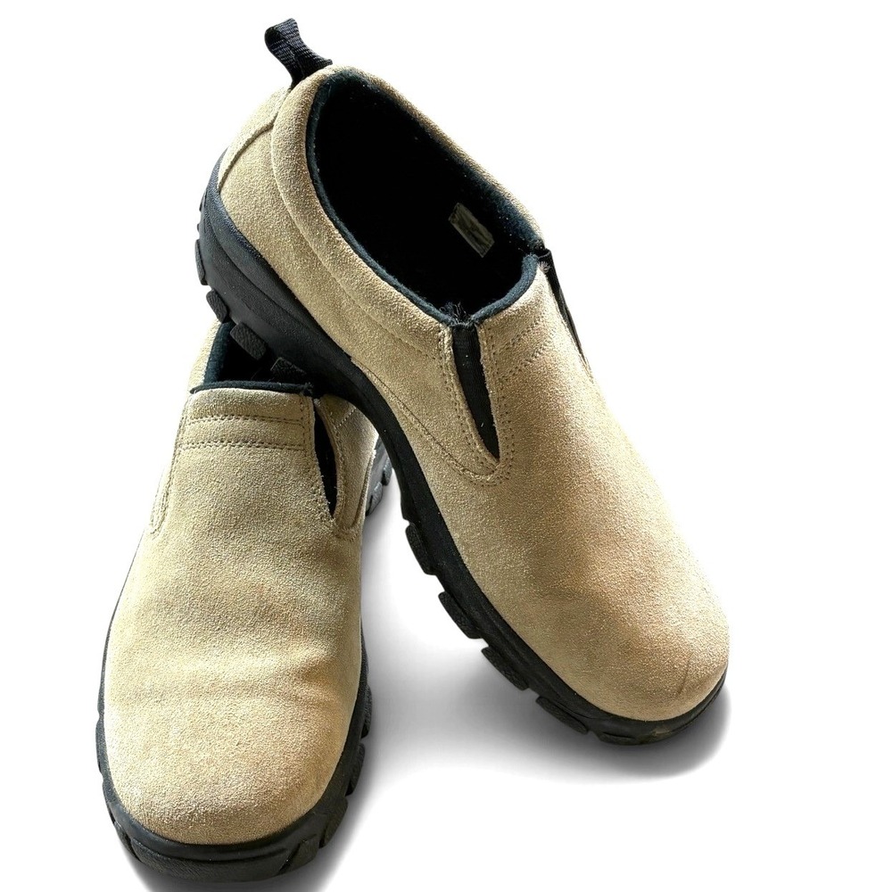 Lands End Women 9M Tan Suede Slip On Loafers Lug Sole Walking Shoes #364B